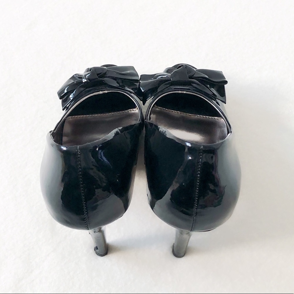 Zara Black Peep Toe Stiletto Heels Bow Detail Faux Vegan Patent Leather Shoes - Picture 4 of 16